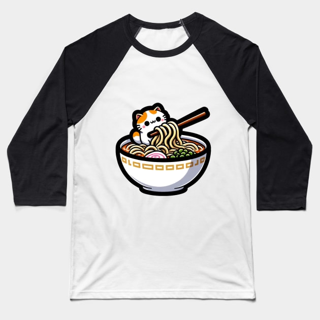 Ramen and Cat Baseball T-Shirt by WorldByFlower